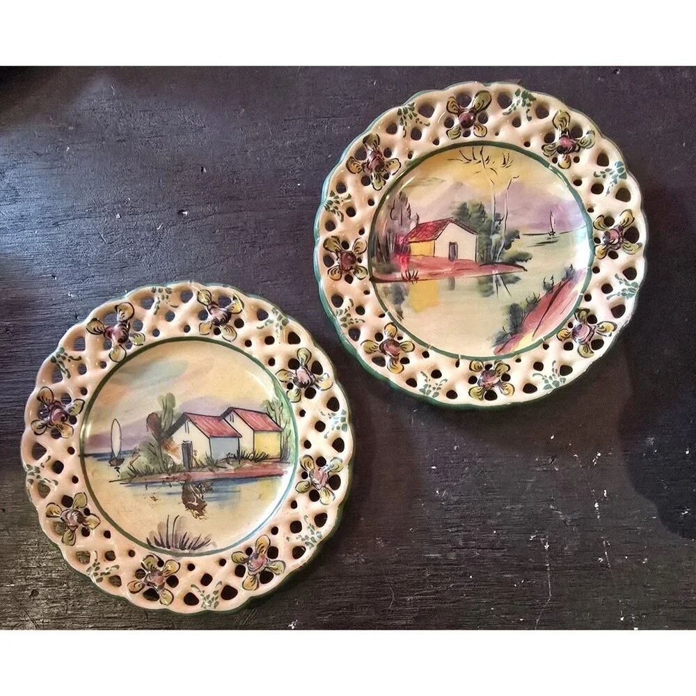 2 Hand Painted Plates Latticework Edges Coastal Scenes EPL Portugal 6.5